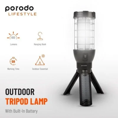 Porodo Outdoor Tripod Lamp With Built-In Battery - Black